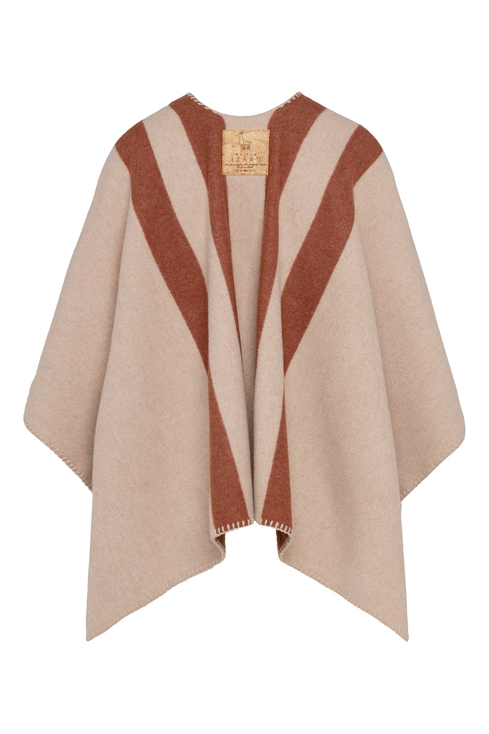 Cape poncho réversible rayée femme éthique et responsable, en laine recyclée, made in France, cognac rouge brique rouille et beige ficelle, maison izard