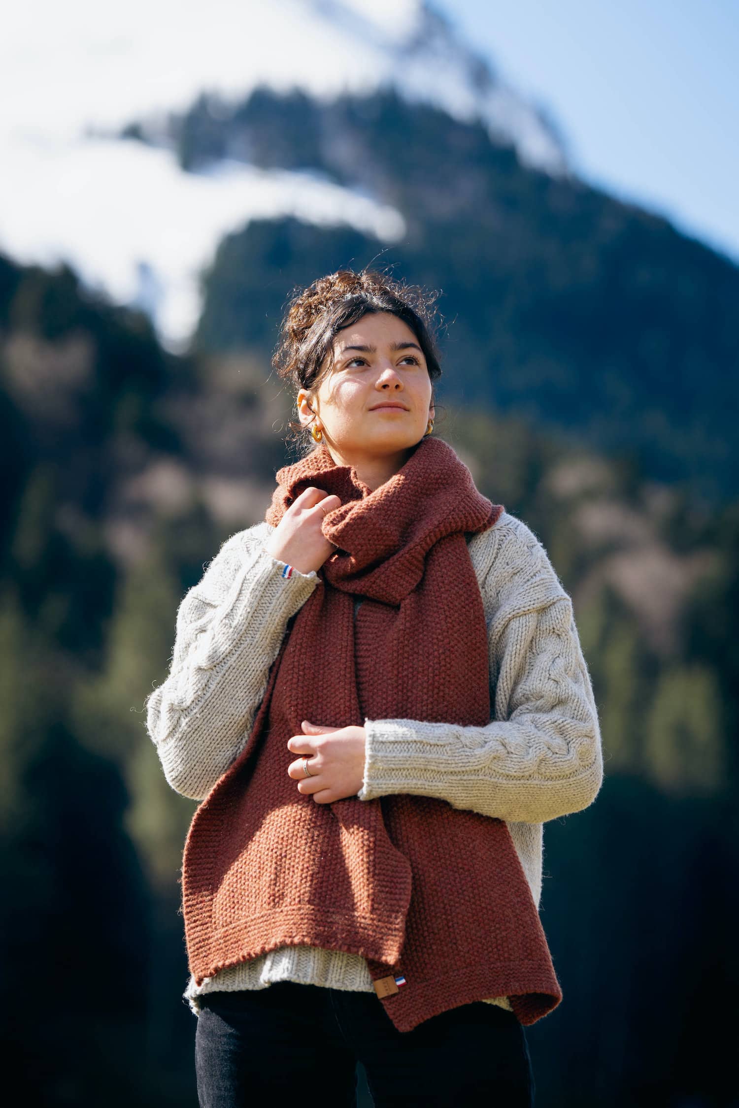 écharpe femme éthique et responsable, cognac, en laine des Pyrénées et coton recyclé, made in France, maison izard