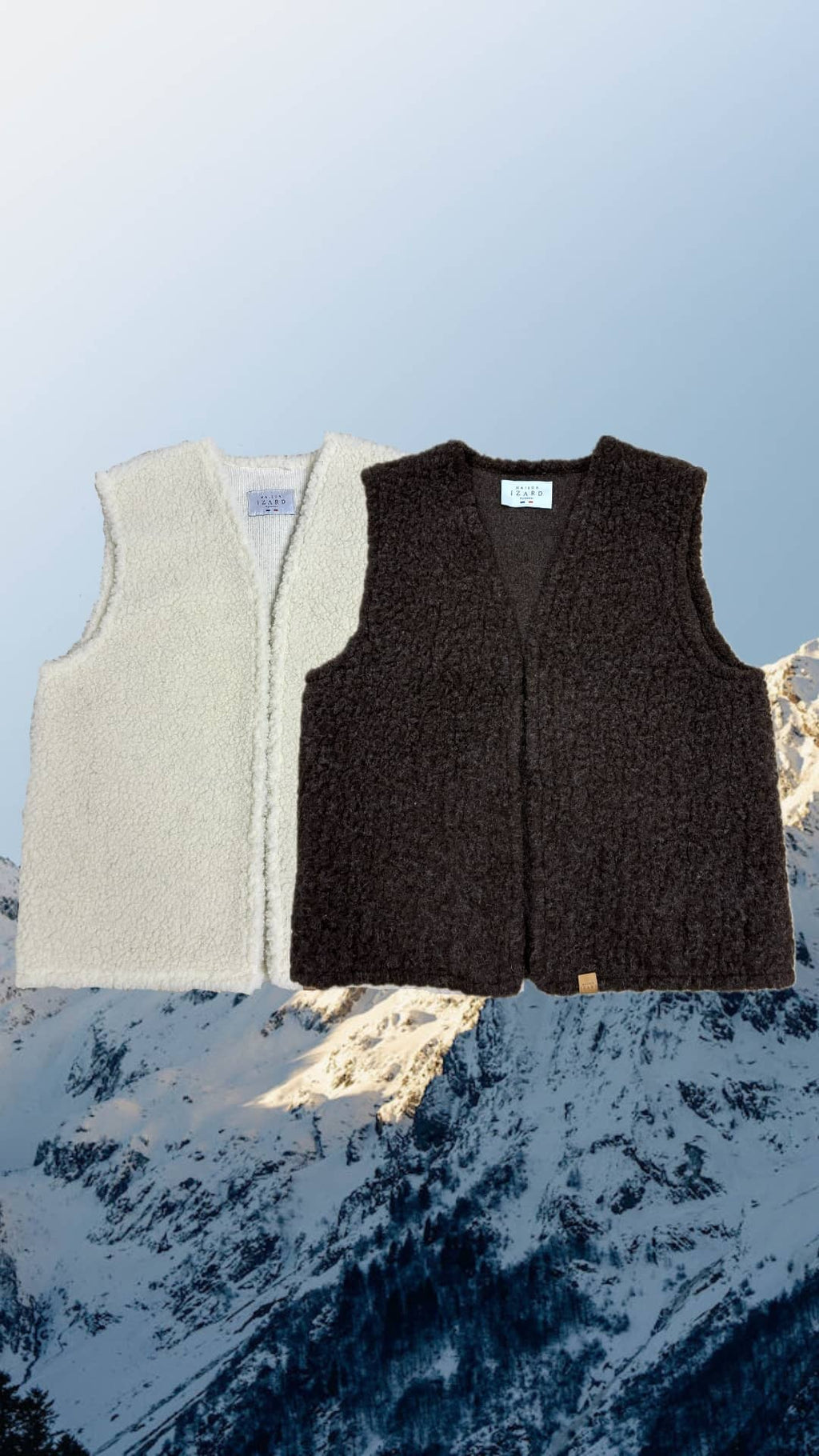 gilet mouton sans manches mixte adulte, laine française, blanc écru, marron, made in france, pyrénées, maison izard