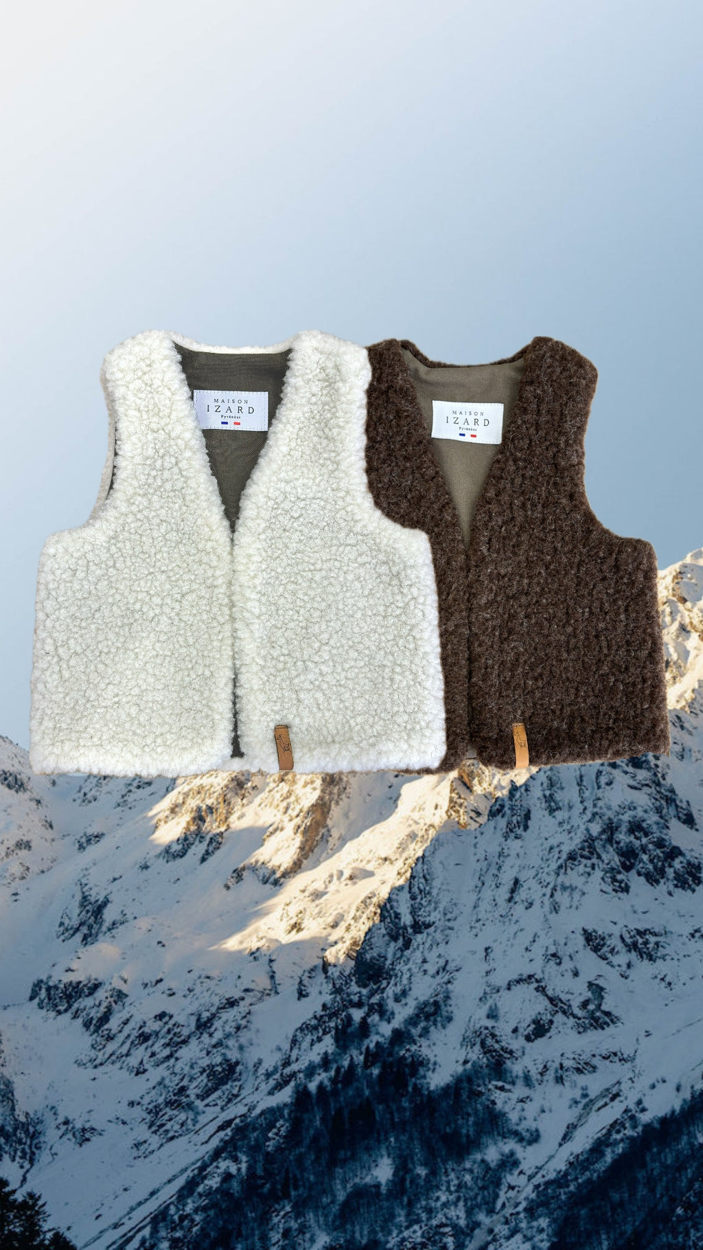 gilet mouton sans manches enfant, laine des Pyrénées, blanc écru, marron, made in France, Pyrénées, Maison Izard