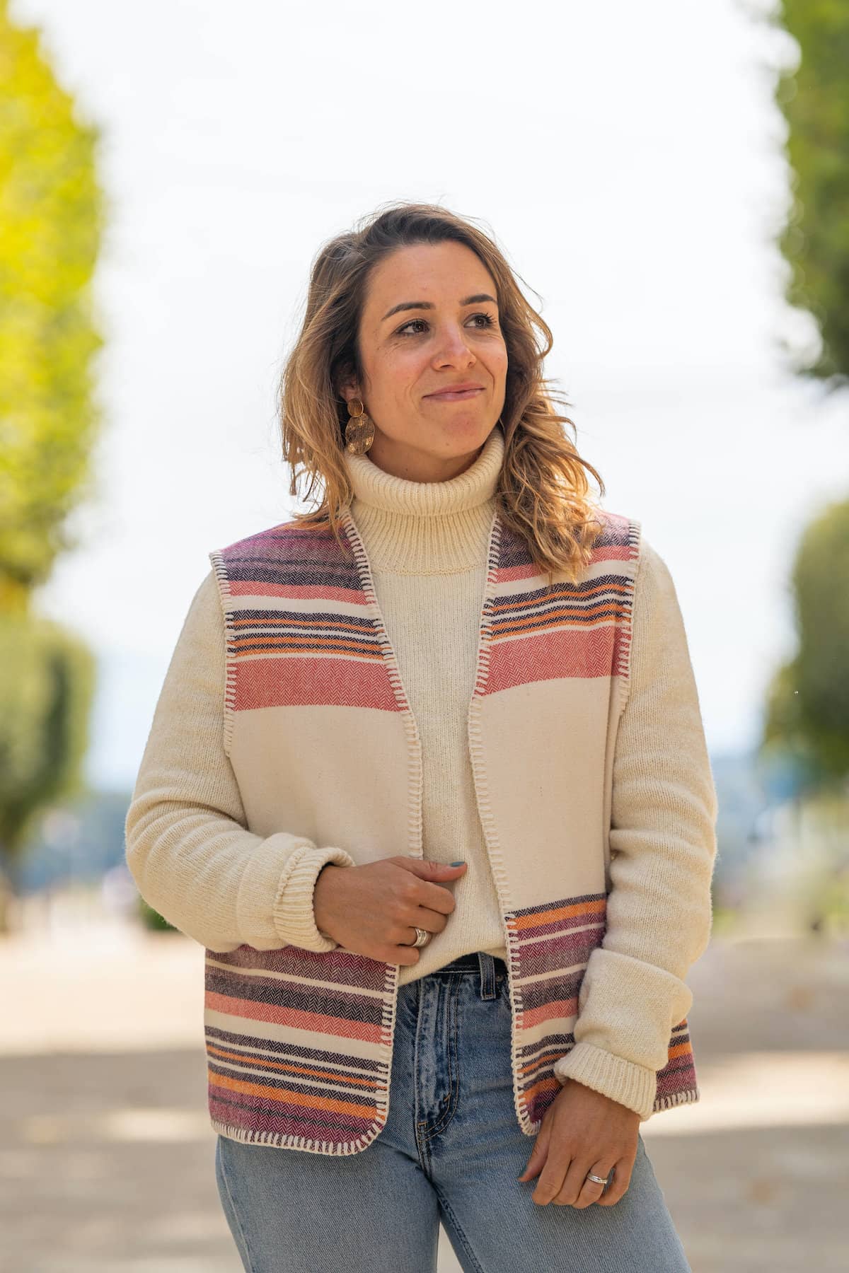 Gilet sans manche laine recyclée francaise, femme, bayadère à rayures écru rose corail, made in france, Pyrénées