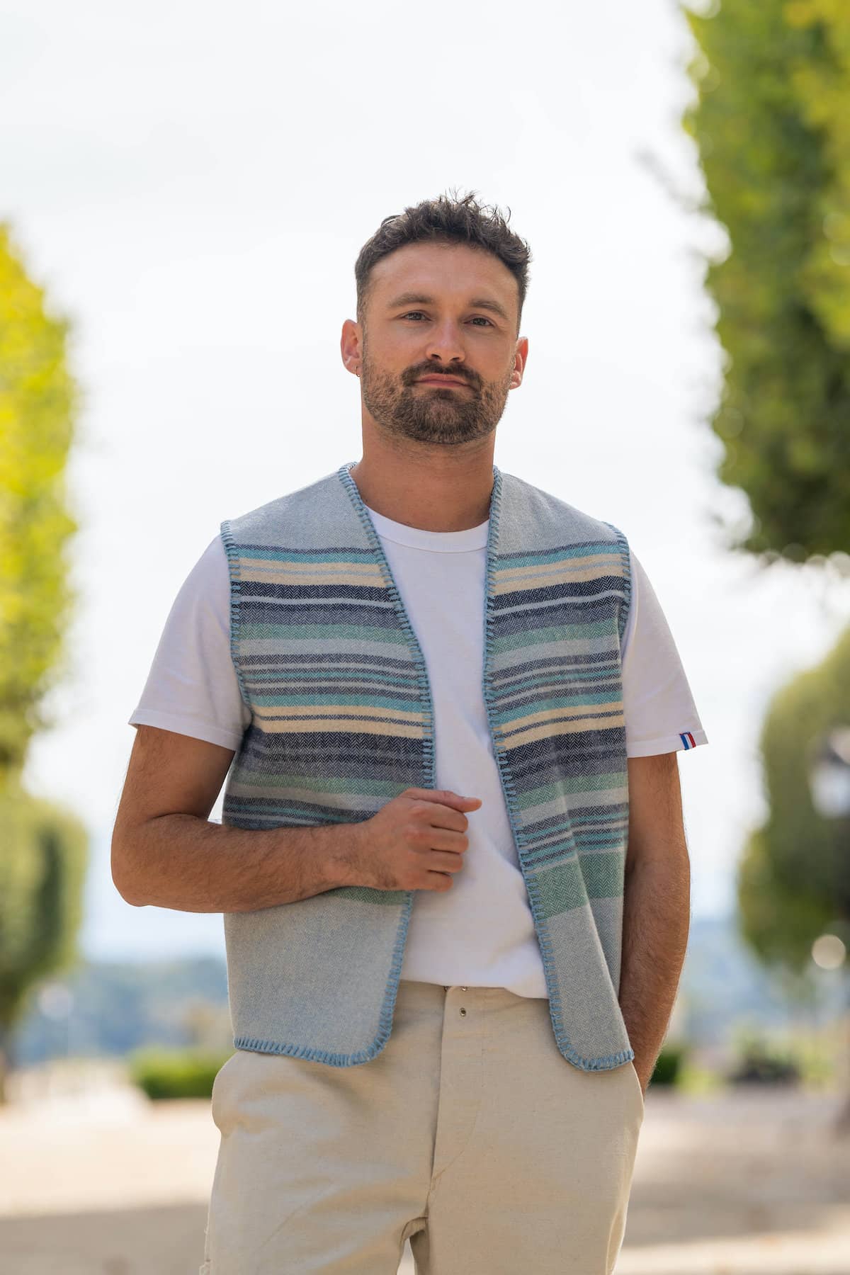 Gilet sans manche laine recyclée francaise, homme, bayadère à rayures écru bleu océan, made in france, Pyrénées