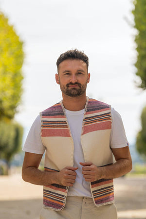 Gilet sans manche laine recyclée francaise, homme, bayadère à rayures écru rose corail, made in france, Pyrénées