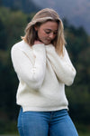 Pull éthique et responsable femme Néou, raglan à cote, écru blanc, en laine des Pyrenées et coton recycle Maison Izard made in France