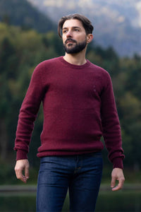 pull éthique homme col rond, rouge bordeaux, en laine des Pyrénées et coton recyclé, made in France, maison izard