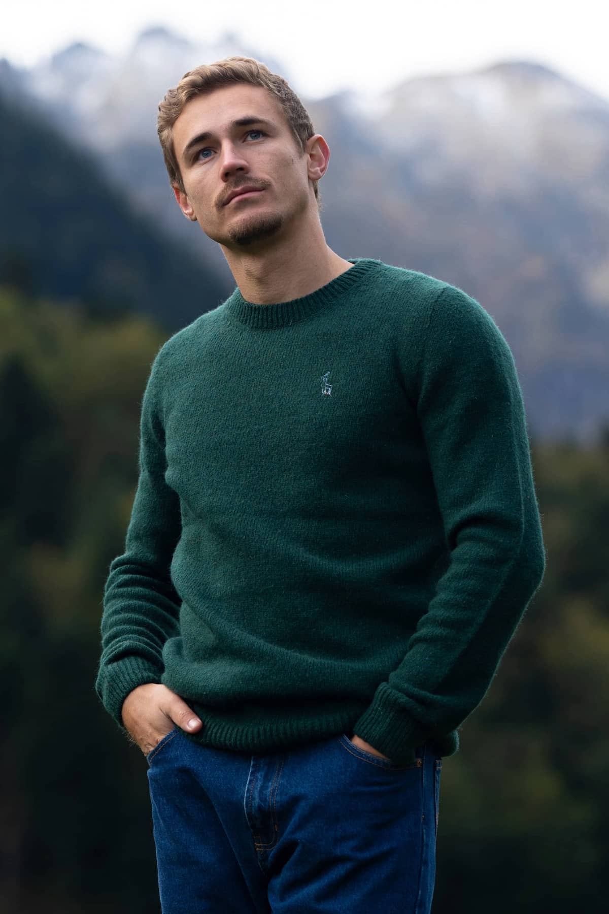 pull éthique homme col rond, vert sapin, en laine des Pyrénées et coton recyclé, made in France, maison izard