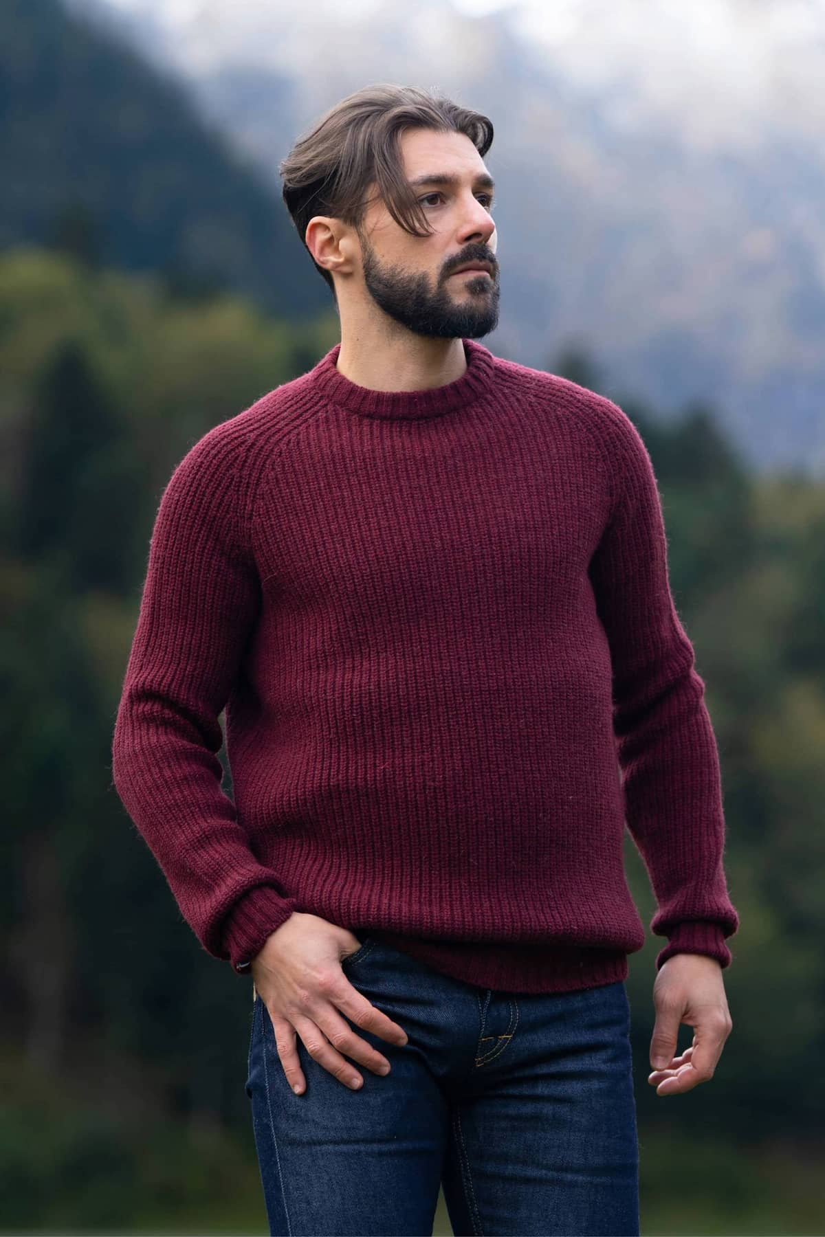 pull homme raglan épais, chaud, éthique et responsable, rouge bordeaux, en laine des Pyrénées et coton recyclé, made in France, Maison Izard