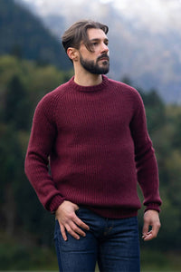 pull homme raglan épais, chaud, éthique et responsable, rouge bordeaux, en laine des Pyrénées et coton recyclé, made in France, Maison Izard