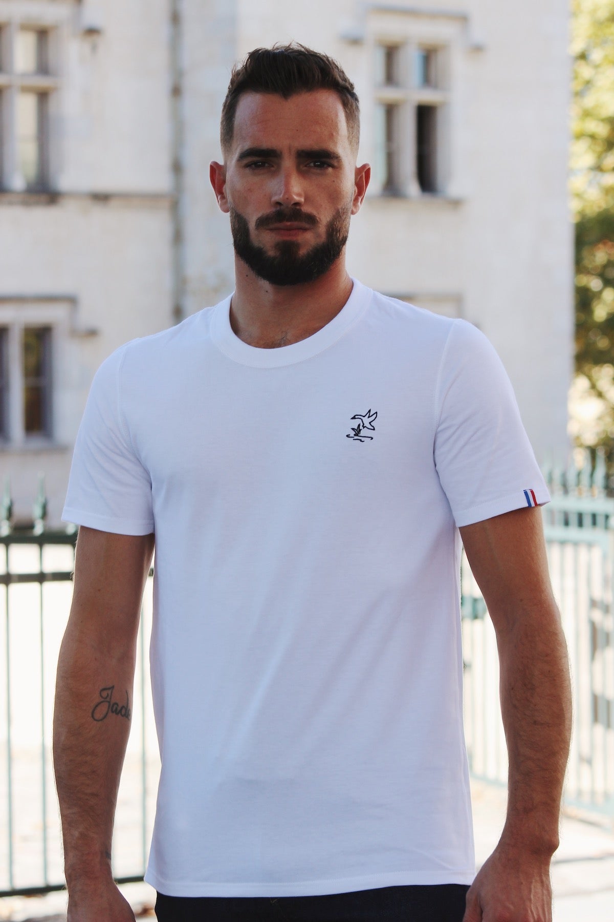 men t-shirt, organic cotton, white, straight cut, duck embroidery, made in France, Pyrénées, maison izard 